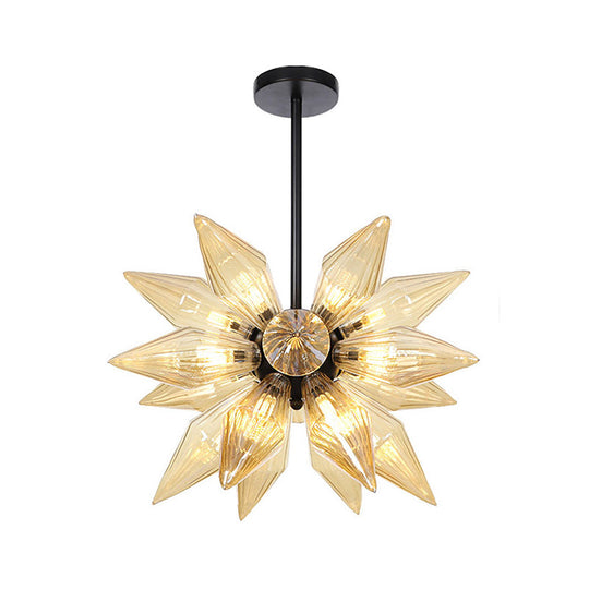 Industrial Pendant Chandelier With Amber/Clear Ribbed Glass And Starburst Design - 9/12/15 Heads For