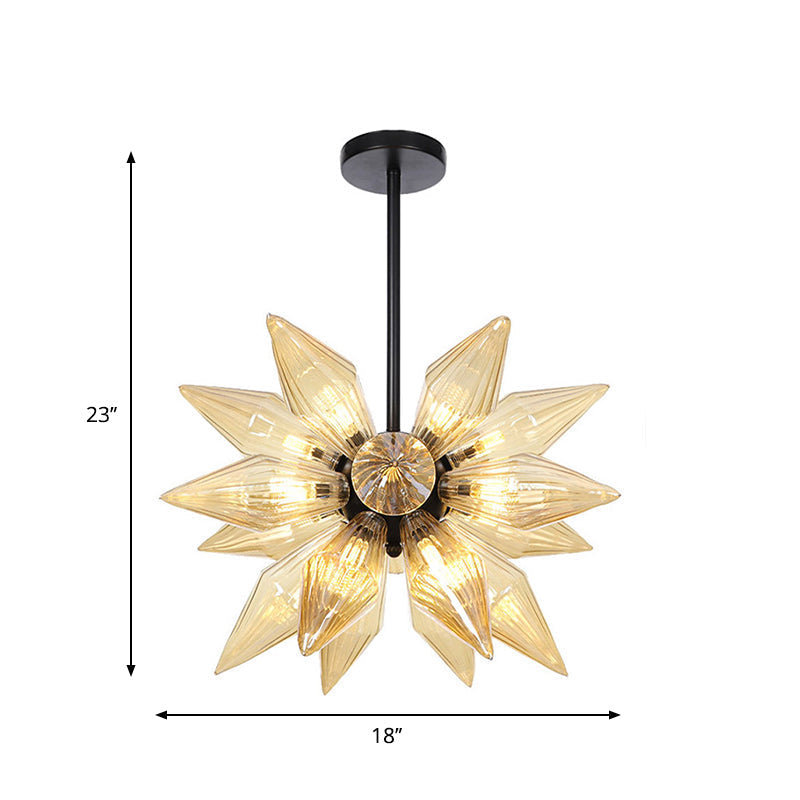 Industrial Amber/Clear Ribbed Glass Pendant Lighting with Starburst Design - 9/12/15 Heads Bedroom Chandelier Lamp