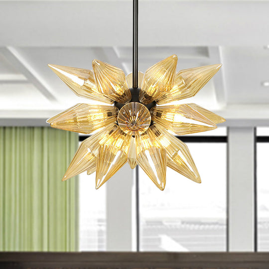 Industrial Pendant Chandelier With Amber/Clear Ribbed Glass And Starburst Design - 9/12/15 Heads For