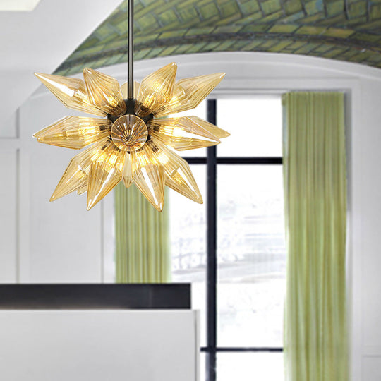 Industrial Pendant Chandelier With Amber/Clear Ribbed Glass And Starburst Design - 9/12/15 Heads For