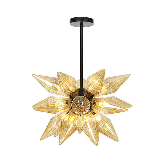 Industrial Pendant Chandelier With Amber/Clear Ribbed Glass And Starburst Design - 9/12/15 Heads For