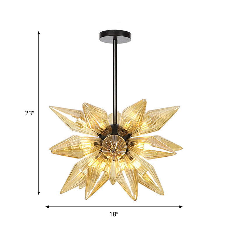 Industrial Pendant Chandelier With Amber/Clear Ribbed Glass And Starburst Design - 9/12/15 Heads For