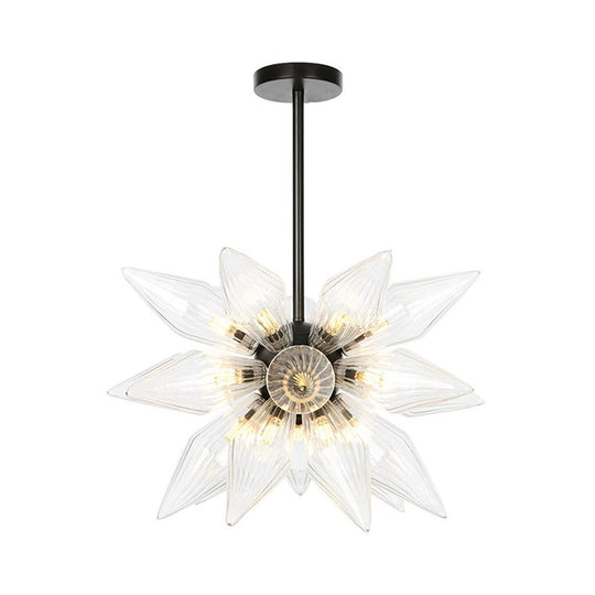 Industrial Pendant Chandelier With Amber/Clear Ribbed Glass And Starburst Design - 9/12/15 Heads For