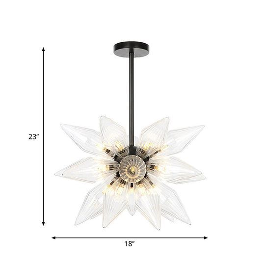 Industrial Amber/Clear Ribbed Glass Pendant Lighting with Starburst Design - 9/12/15 Heads Bedroom Chandelier Lamp