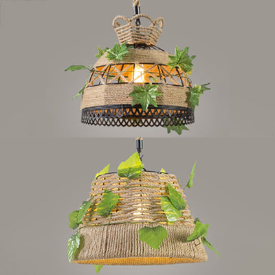 Vintage Style Rope Restaurant Hanging Light Fixture - Barrel/Dome Shape, 1 Head Beige Suspension Lamp