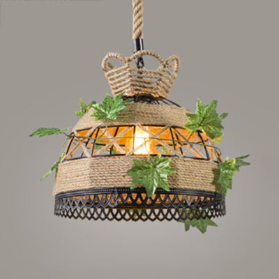 Vintage Style Rope Restaurant Hanging Light Fixture - Barrel/Dome Design Beige Suspension Lamp /