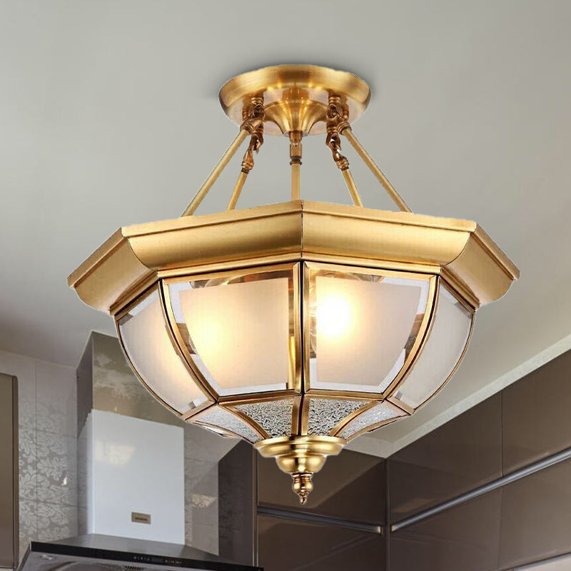 Tapered Opal Glass Semi Mount Light, Brass Finish, Ceiling Lamp - 14"/18" W, 3/4 Bulbs, Traditional Bedroom Fixture