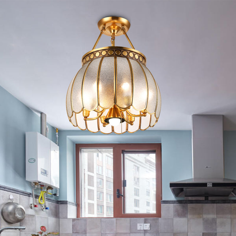 Retro Style Brass Finish Ceiling Lamp - Sphere Semi Flush Light With Frosted Glass Pull Chain And 1