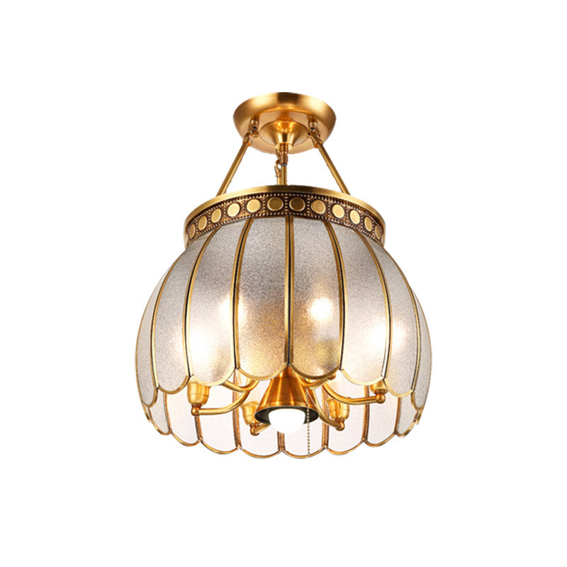 Retro Style Brass Finish Ceiling Lamp - Sphere Semi Flush Light with Frosted Glass, Pull Chain, and 1 Bulb