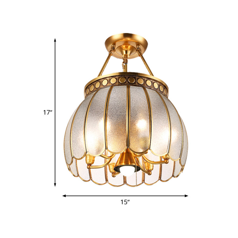 Retro Style Brass Finish Ceiling Lamp - Sphere Semi Flush Light with Frosted Glass, Pull Chain, and 1 Bulb