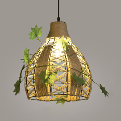 Beige Natural Rope Hanging Lamp: Lodge Style Pendant Lighting For Restaurant - 1 Head