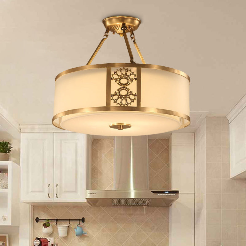 Brass Semi Flush Light Retro Sandblasted Glass Drum Ceiling Fixture for Living Room - 16"/19.5" Width, 3/4 Heads