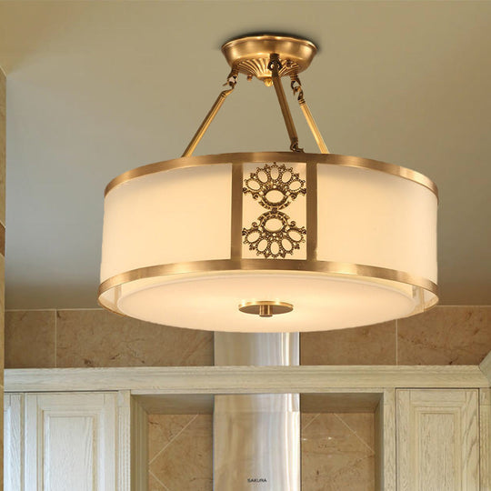 Brass Semi Flush Light Retro Sandblasted Glass Drum Ceiling Fixture for Living Room - 16"/19.5" Width, 3/4 Heads