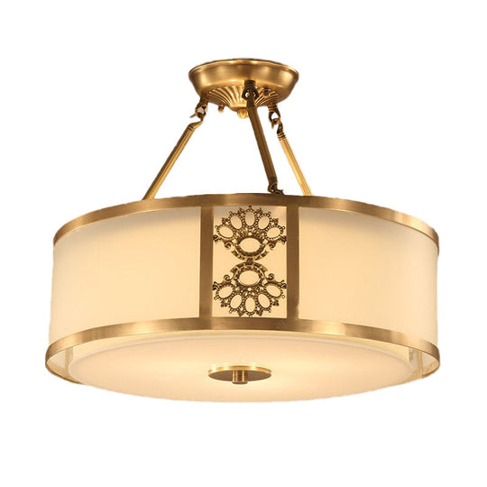 Brass Semi Flush Light Retro Sandblasted Glass Drum Ceiling Fixture for Living Room - 16"/19.5" Width, 3/4 Heads