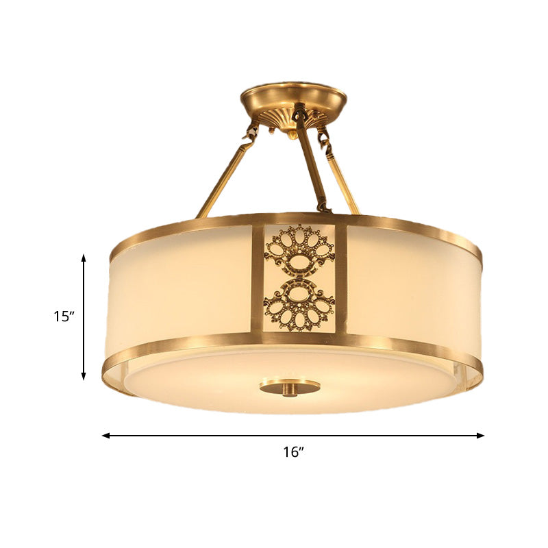 Brass Semi Flush Light Retro Sandblasted Glass Drum Ceiling Fixture for Living Room - 16"/19.5" Width, 3/4 Heads