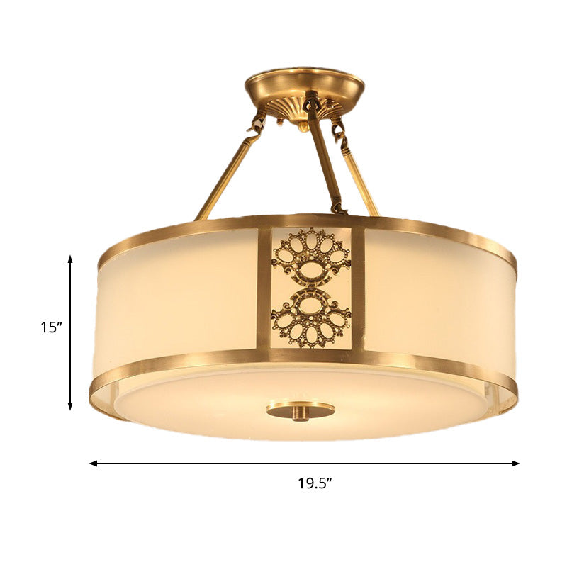 Brass Semi Flush Light Retro Sandblasted Glass Drum Ceiling Fixture for Living Room - 16"/19.5" Width, 3/4 Heads