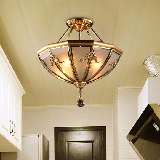 Traditional Brass Semi-Flush Chandelier With Curved Frosted Glass Dome - 4 Lights For Living Room