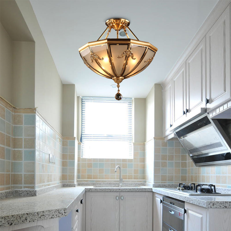 Traditional Brass Semi-Flush Chandelier With Curved Frosted Glass Dome - 4 Lights For Living Room