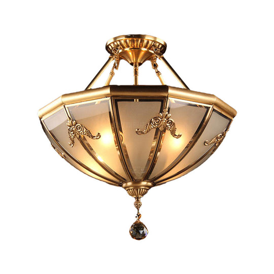 Traditional Brass Semi-Flush Mount Chandelier with Curved Frosted Glass Dome - 4 Lights Ceiling Mounted Light for Living Room