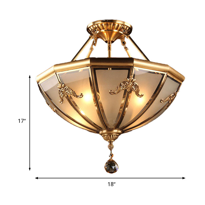 Traditional Brass Semi-Flush Mount Chandelier with Curved Frosted Glass Dome - 4 Lights Ceiling Mounted Light for Living Room