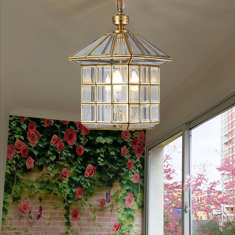 Clear Glass Colonial Yard Chandelier Light - 10/12 W Lantern Pendant Lamp With 3 Bulbs / 10