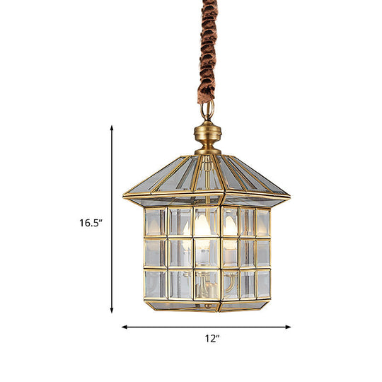 Clear Glass Colonial Yard Chandelier Light - 10/12 W Lantern Pendant Lamp With 3 Bulbs