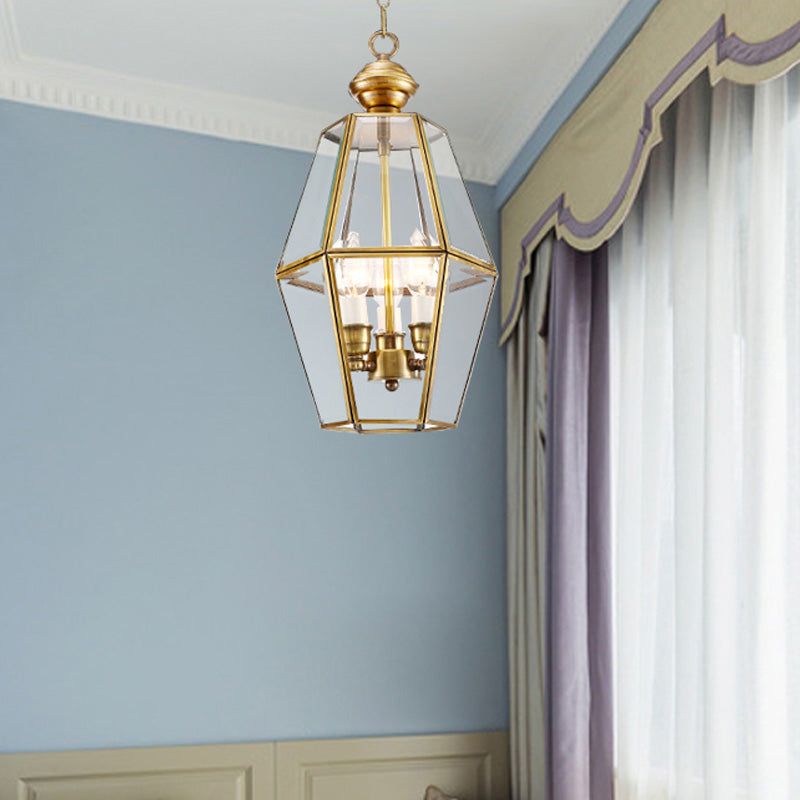 Clear Glass Chandelier - Traditional Lantern Pendant With 3 Heads For Living Room Lighting Brass