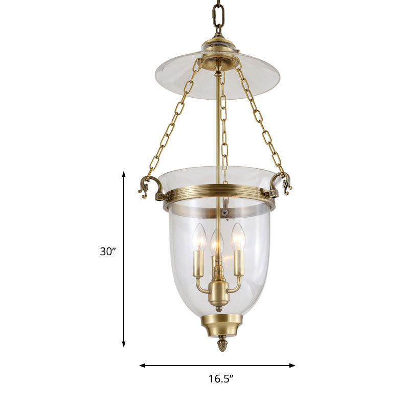 Colonial 3-Head Clear Glass Candle Chandelier Pendant Light Fixture For Living Room