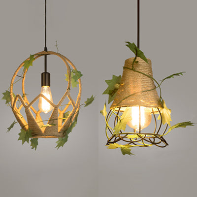 Industrial Style Restaurant Pendant Lamp - Oval/Teardrop Shape - Beige Hanging Light with Rope and Artificial Leaf Accent - 1 Light Fixture