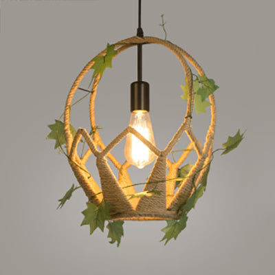 Industrial Style Restaurant Pendant Lamp - Oval/Teardrop Shape - Beige Hanging Light with Rope and Artificial Leaf Accent - 1 Light Fixture