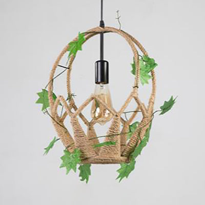 Industrial Style Rope Pendant Lamp With Artificial Leaf - Oval/Teardrop Shape Beige Color