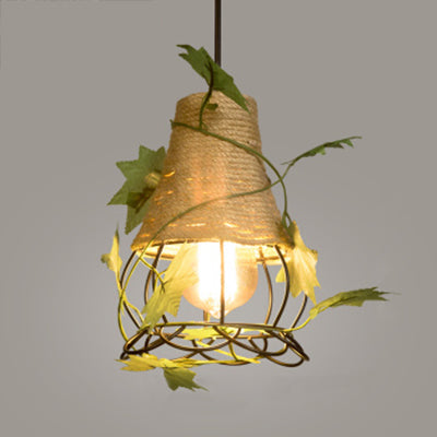 Industrial Style Rope Pendant Lamp With Artificial Leaf - Oval/Teardrop Shape Beige Color