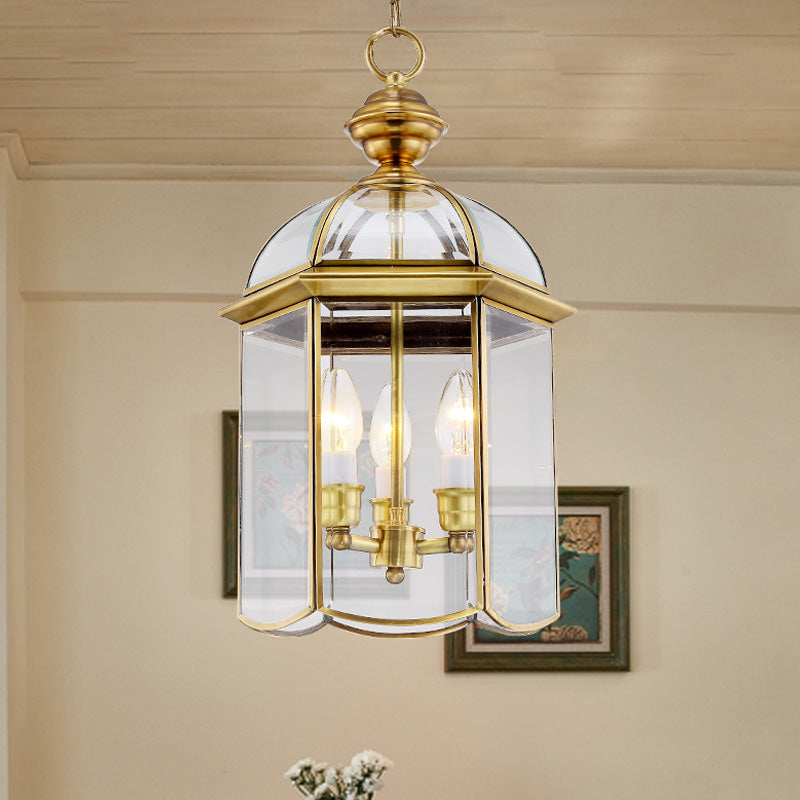 Clear Glass Colonial Lantern Pendant Chandelier- 3 Heads; Ideal Hallway Lighting Fixture