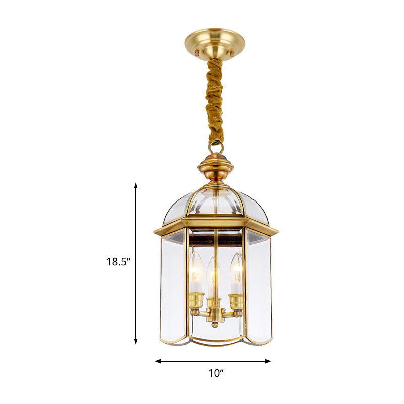 Clear Glass Colonial Lantern Pendant Chandelier- 3 Heads; Ideal Hallway Lighting Fixture