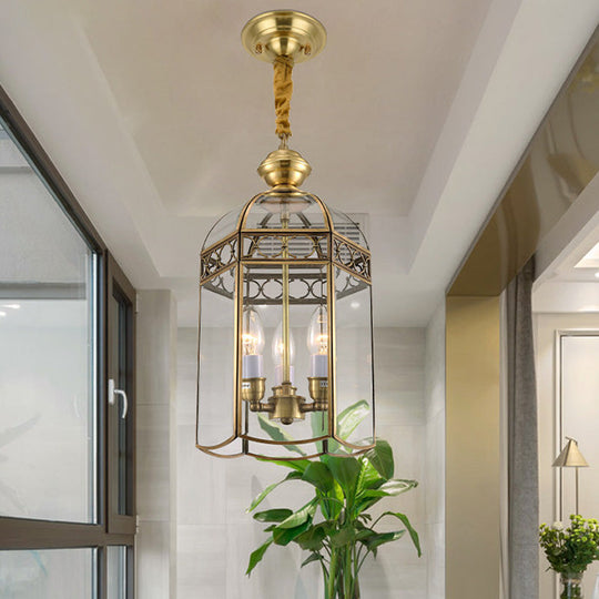 Clear Glass Colonial Lantern Pendant Chandelier- 3 Heads; Ideal Hallway Lighting Fixture Gold / B