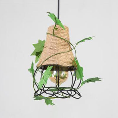 Industrial Style Rope Pendant Lamp With Artificial Leaf - Oval/Teardrop Shape Beige Color