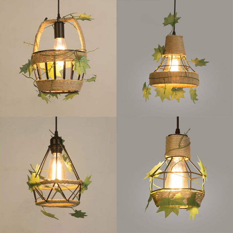 Country Style Beige Hanging Lamp - Metal And Rope Globe/Barrel Cage Pendant Lighting For Coffee Shop