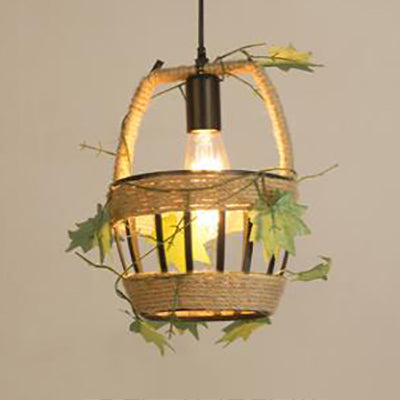 Country Style Beige Hanging Lamp - Metal And Rope Globe/Barrel Cage Pendant Lighting For Coffee Shop