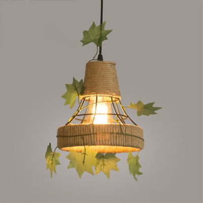 Country Style Beige Hanging Lamp - Metal And Rope Globe/Barrel Cage Pendant Lighting For Coffee Shop