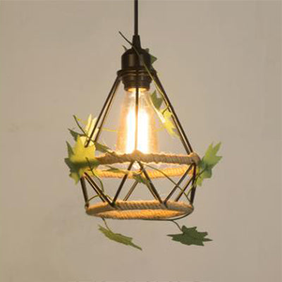 Country Style Beige Hanging Lamp - Metal And Rope Globe/Barrel Cage Pendant Lighting For Coffee Shop