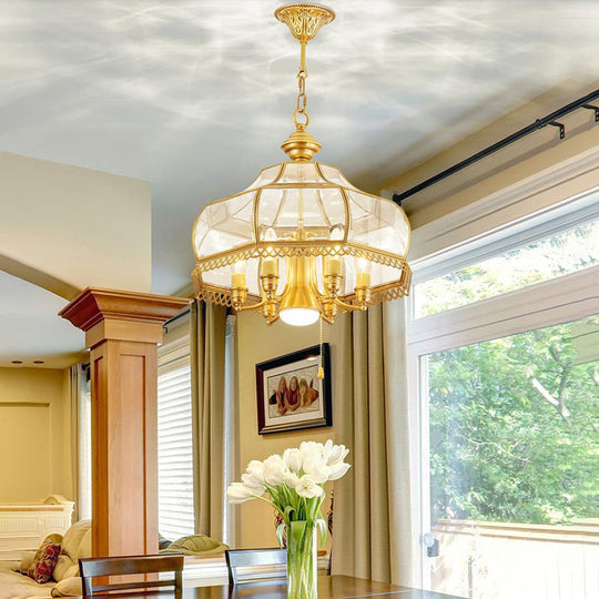 Colonial Clear Glass 7-Head Gold Hanging Chandelier For Curved Dining Room Ceilings