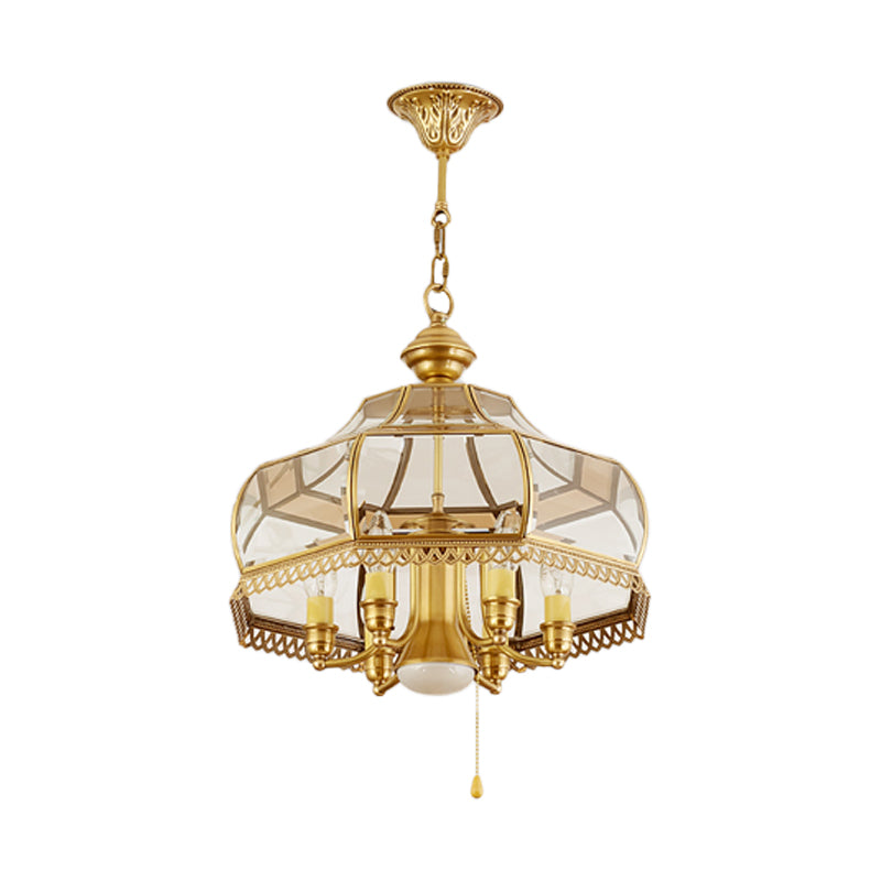 Colonial Clear Glass 7-Head Gold Hanging Chandelier For Curved Dining Room Ceilings