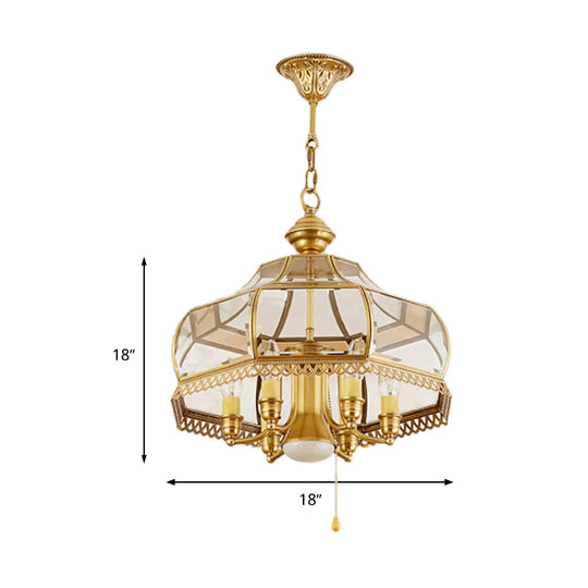 Colonial Clear Glass 7-Head Gold Hanging Chandelier For Curved Dining Room Ceilings