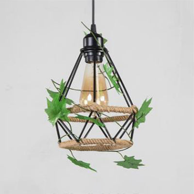 Country Style Beige Hanging Lamp - Metal And Rope Globe/Barrel Cage Pendant Lighting For Coffee Shop