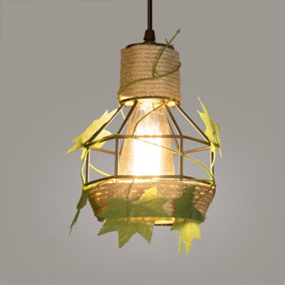 Country Style Beige Hanging Lamp - Metal And Rope Globe/Barrel Cage Pendant Lighting For Coffee Shop