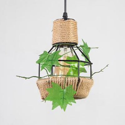 Country Style Beige Hanging Lamp - Metal And Rope Globe/Barrel Cage Pendant Lighting For Coffee Shop