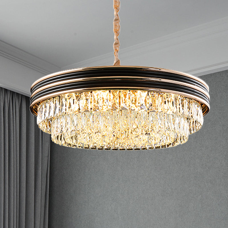 Lustre rond en cristal moderne à 3 niveaux - Noir, têtes 9/11, suspension large de 18"/21,5"