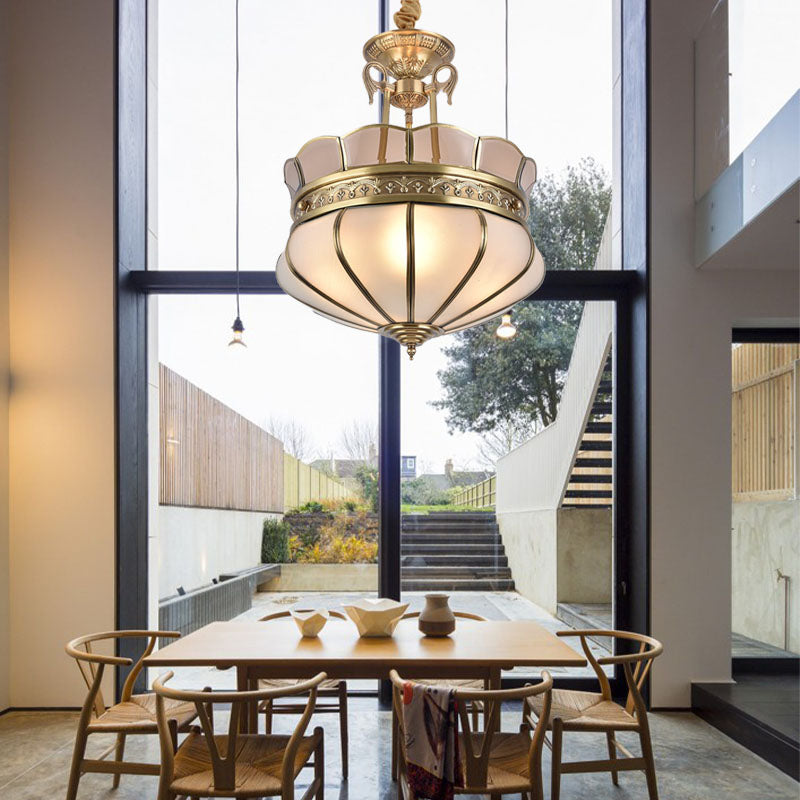 Scalloped Colonial Living Room Chandelier With Milky Glass - Gold Hanging Light Fixture (5/7 Heads)