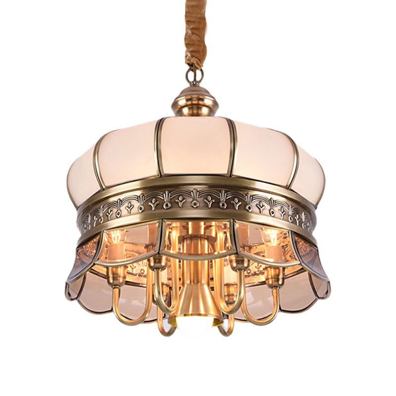 Scalloped Colonial Living Room Chandelier With Milky Glass - Gold Hanging Light Fixture (5/7 Heads)