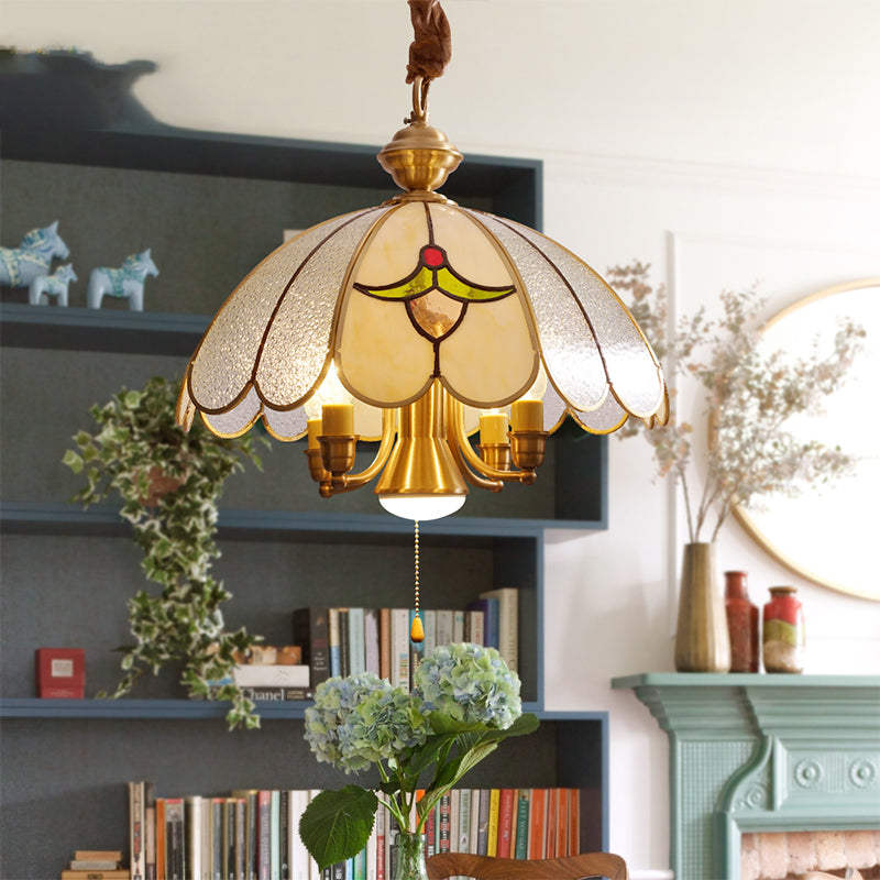 Colonial Gold Frosted Glass Chandelier - 5 Bulbs Scallop Pendant Lamp For Study Room